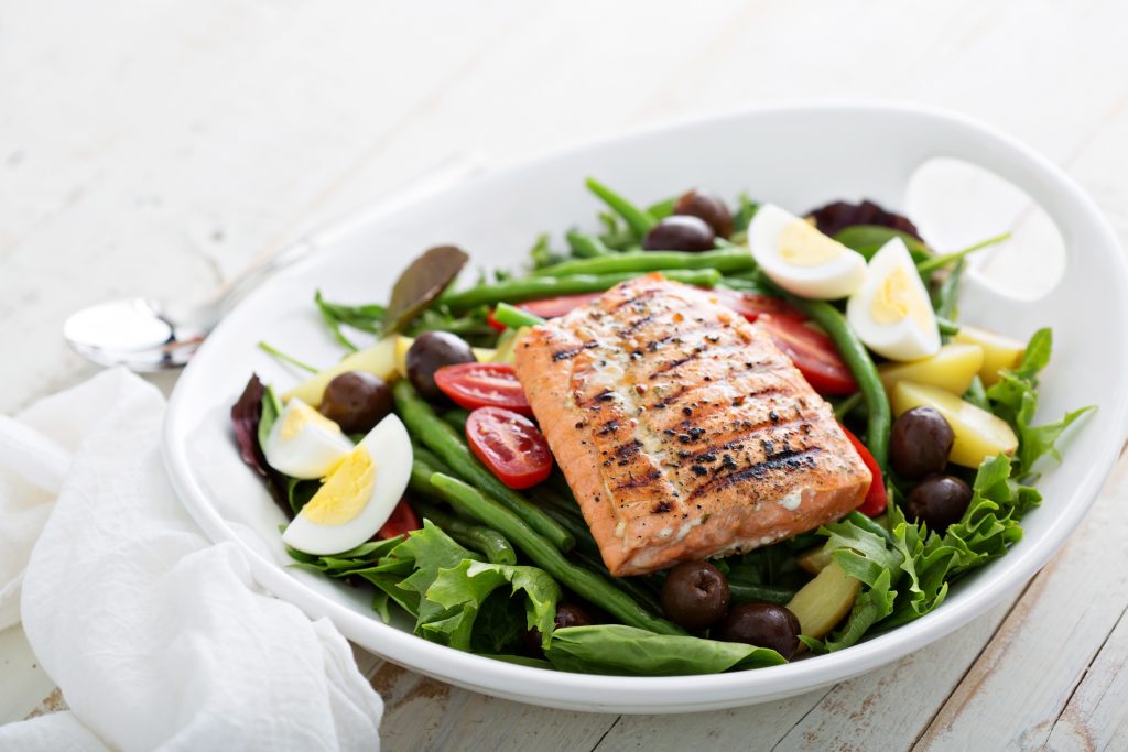 Salmon Nicoise Salad with Herb Caper and Walnut Dressing True Health